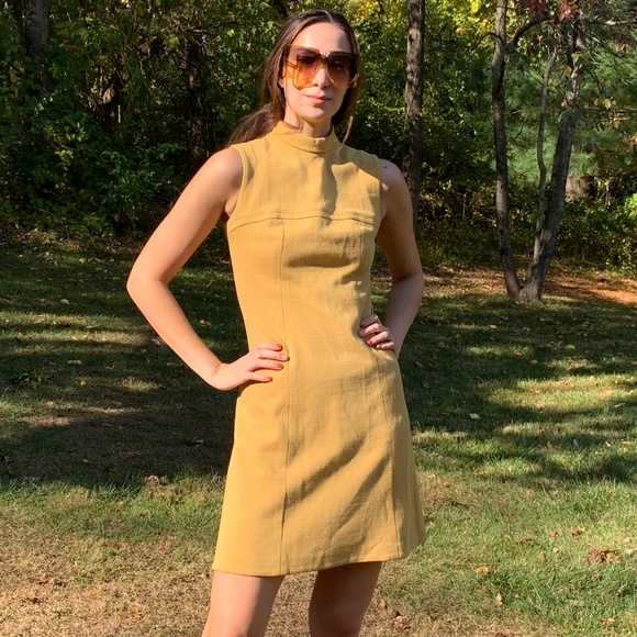 Vintage 60's Mustard Yellow Hippie Mod Mini Dress - Picture 2 of 8